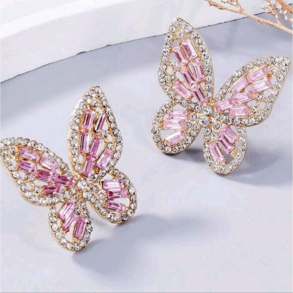 Pink Butterfly Rhinestone Earrings - Picture 3 of 3